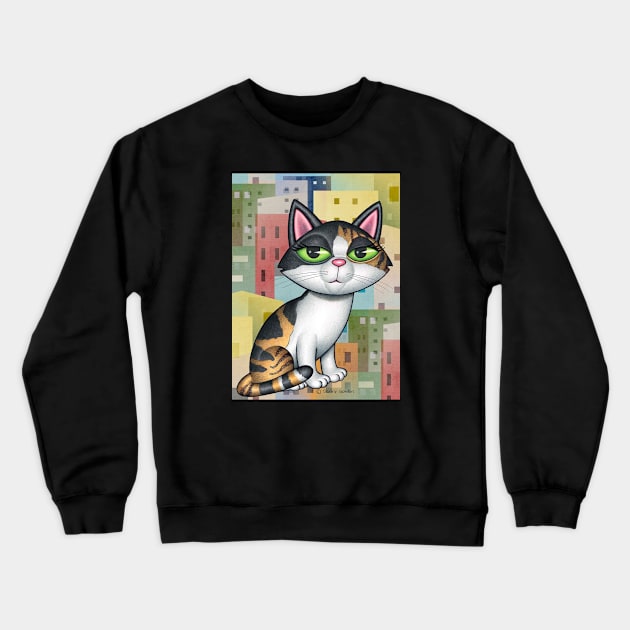 Cute calico kitty cat on cityscape with buildings Crewneck Sweatshirt by Danny Gordon Art